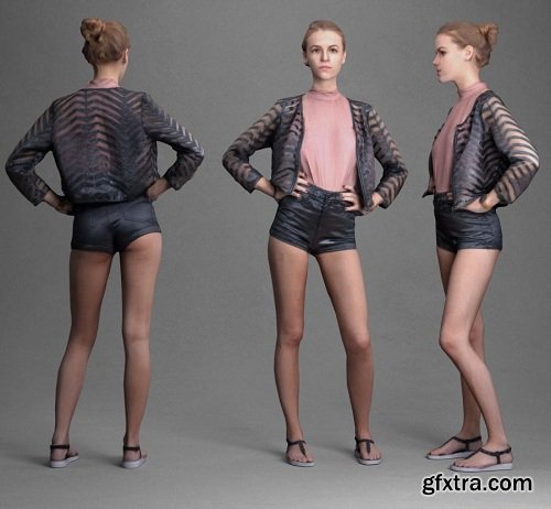 Girl Wearing Leather Shorts and Pink Blouse Scanned 3D Model