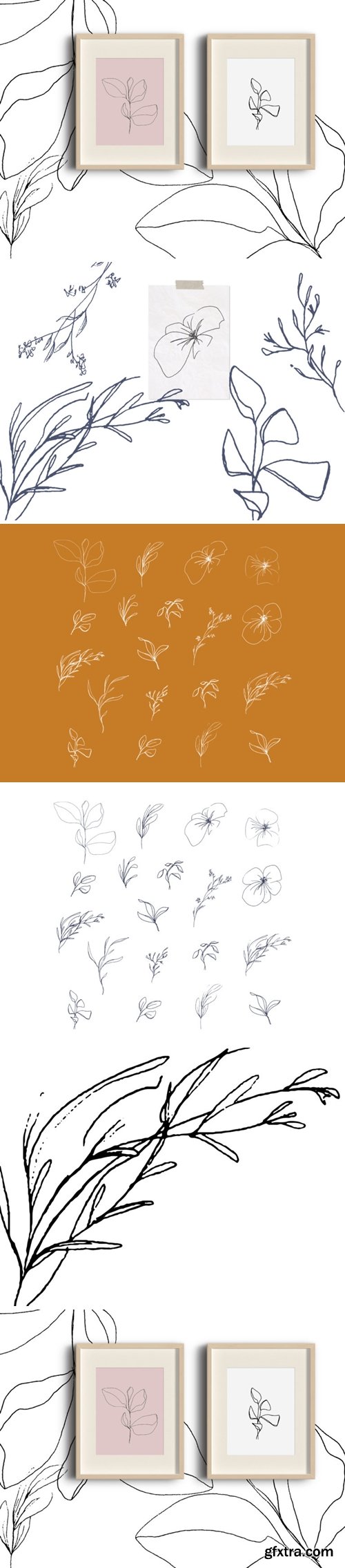 Floral pencil drawing one line art elements, Vector