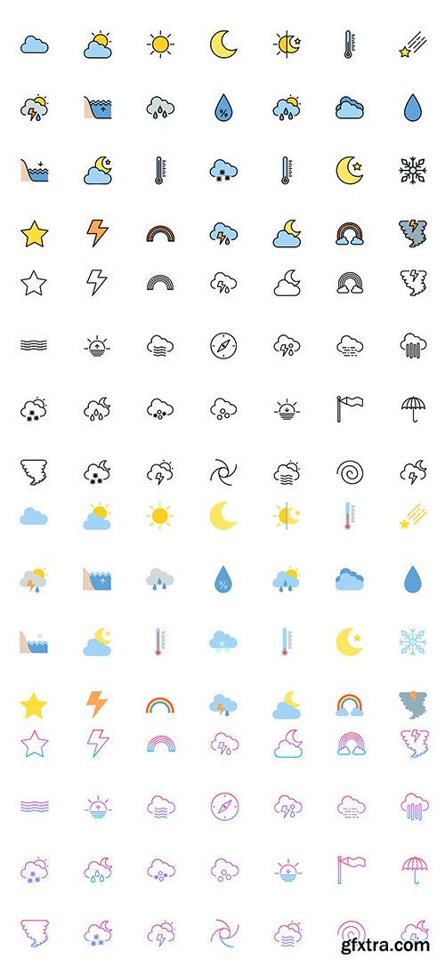 Weather Icon Pack 200 icons (Lineal Color, Flat, Outline, Gradient)