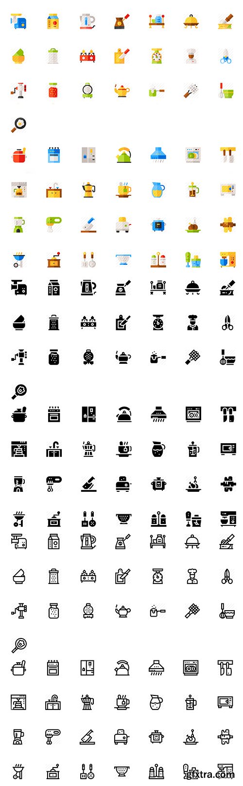 Kitchen Icon Pack 150 icons - Lineal, Flat, Filled