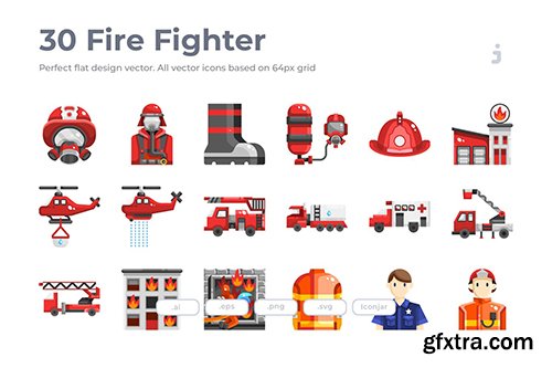30 Fire Fighter Icons - Flat