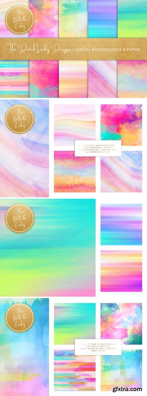 Watercolor Rainbow Stripe & Smear Backgrounds