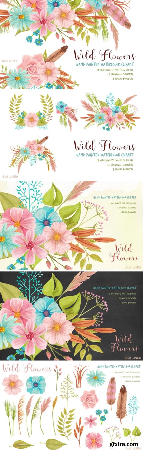 Wild Meadow Flowers Watercolor Clipart Set