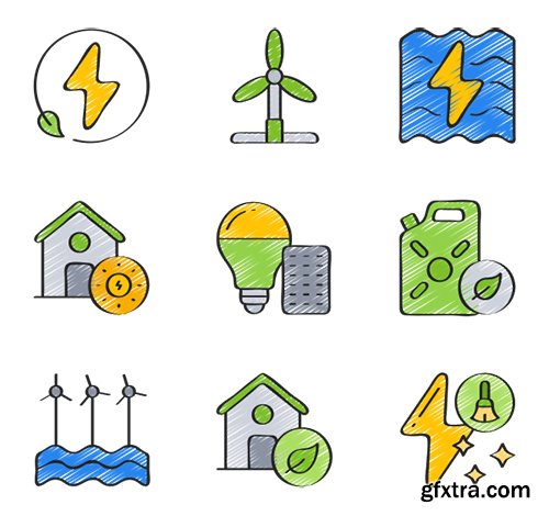 30 Clean Energy Icons in 5 styles (Flat, Outline, Solid, Sketchy, Soft-Fill)