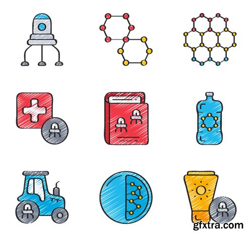 20 Nanotechnology Icons in 5 styles (Flat, Outline, Solid, Sketchy, Soft-Fill)