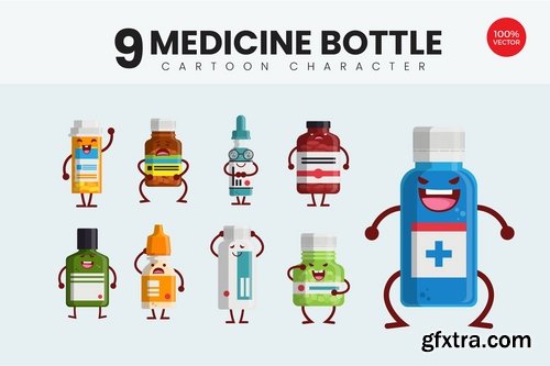 9 Cute Medicine Bottle Vector Illustration