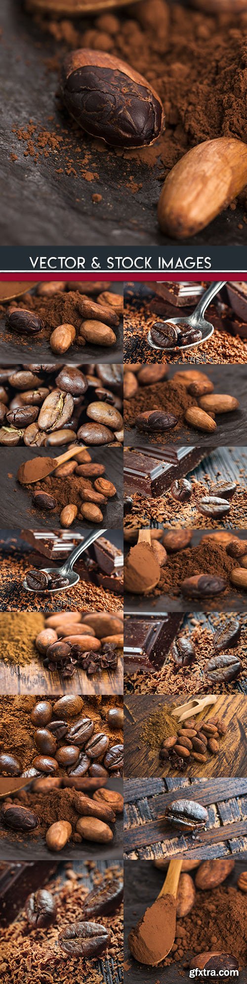 Cocoa beans and flavored roasted coffee grains