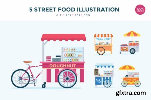 5 Street Food Stall Vector Illustration Set