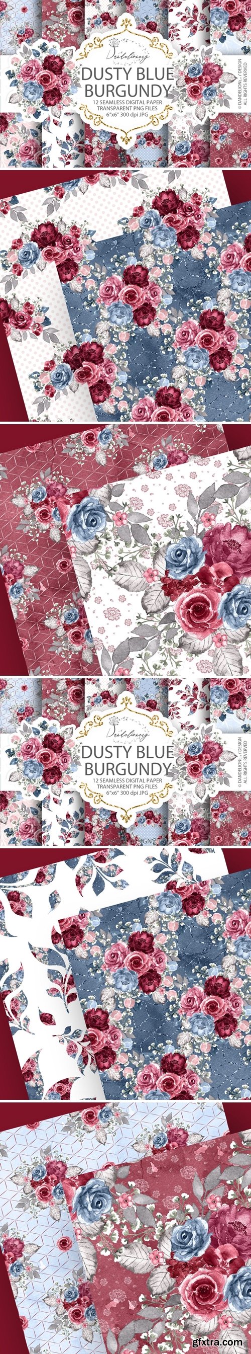 Watercolor Dusty Blue and Burgundy digital paper