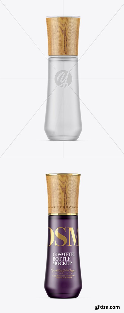 Frosted Glass Cosmetic Bottle W/ Wooden Cap Mockup 27219