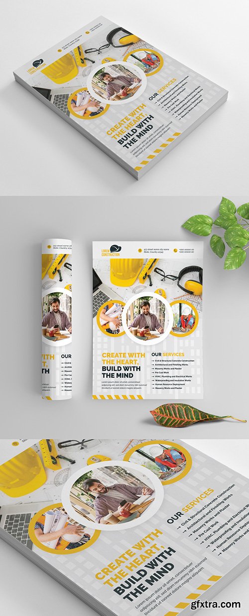 Building Flyer Layout with Yellow Accents and Circular Photo Elements 270465749