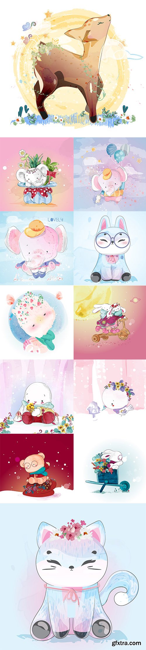 Hand Draw Lovely Cute Watercolor Animal Pack 2