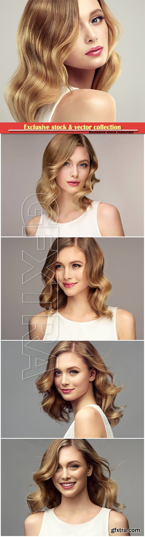Blonde woman with curly beautiful hair on gray background