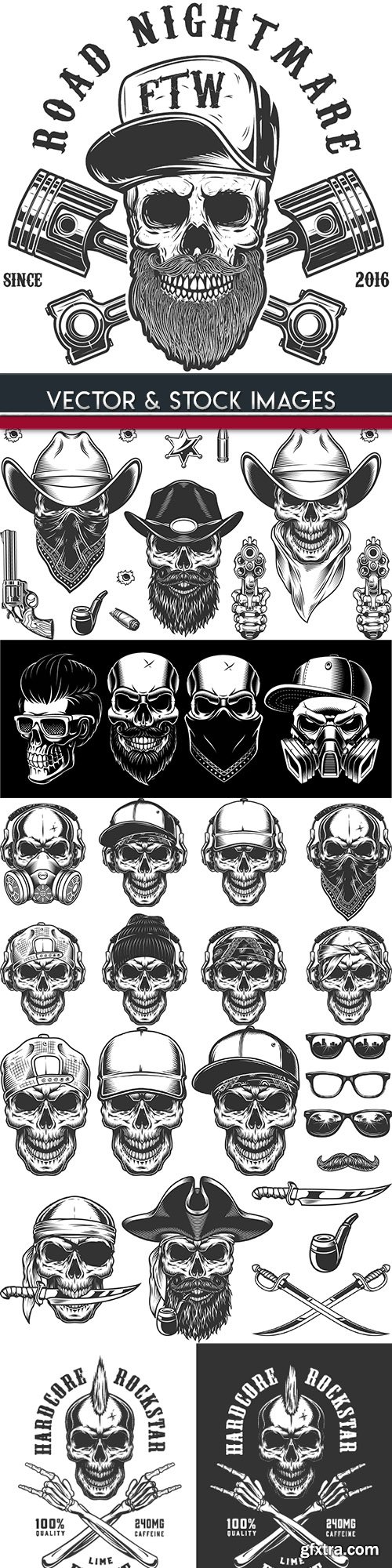 Skull and accessories grunge label drawn design 6