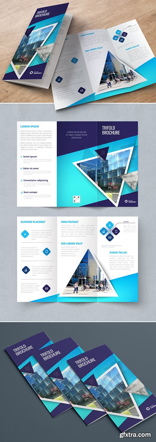 Dark Blue Trifold Brochure Layout with Triangles 267840417