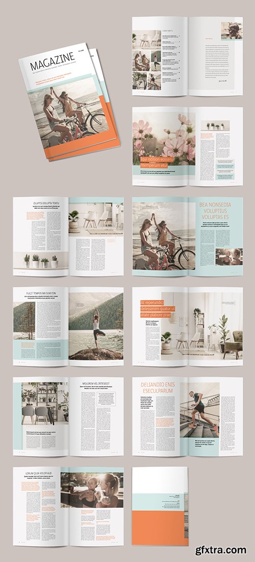 Magazine Layout with Teal and Orange Accents 291552064