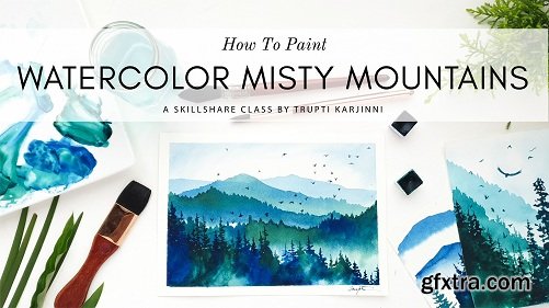 Watercolor Painting : Misty Mountains Landscape