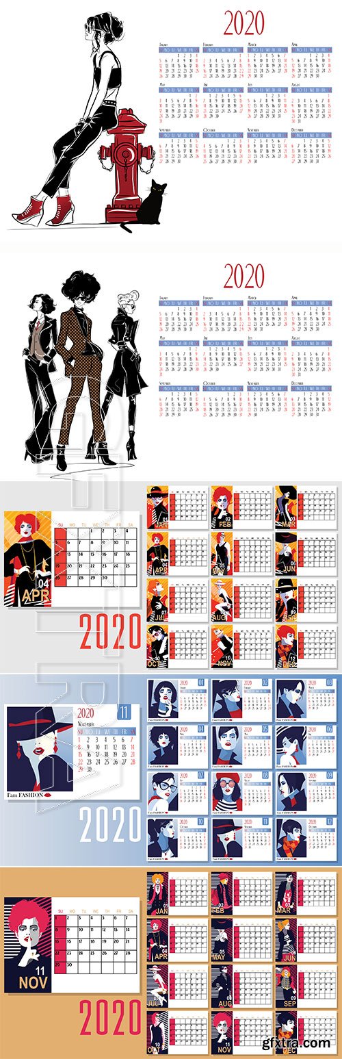 Vector of 2020 new year calendar with fashion women in style pop art