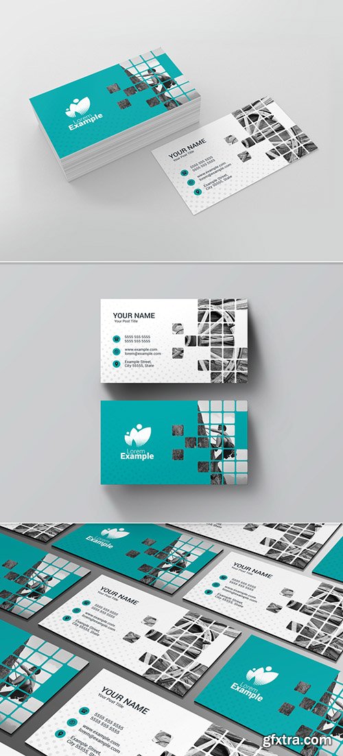 Teal Business Card Layout wih Patterned Photo Placeholder 221205313