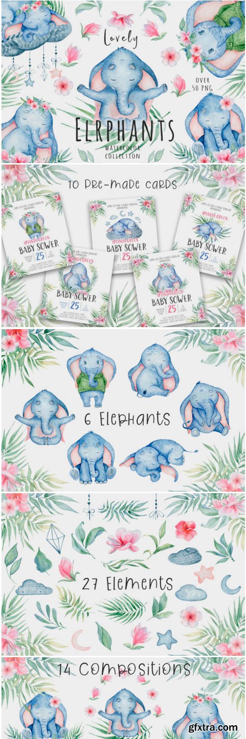 Lovely Elephants Watercolor Set Animals 1796212