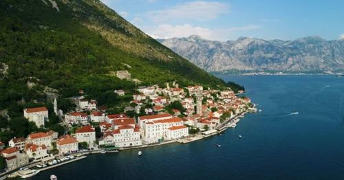 Aerial Beautiful View at Perast Town. Montenegro
