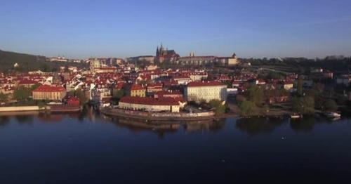 Aerial Shot of Prague on Vltava River Bank, Czech Republic