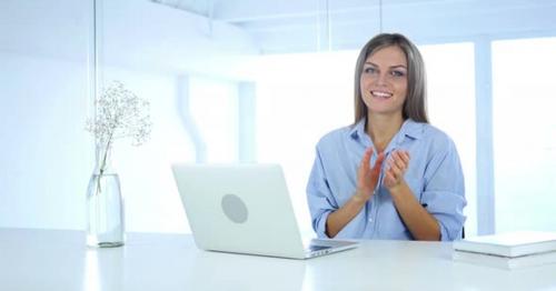 Applauding Beautiful Woman at Work in Office, Clapping