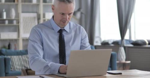 Excited Gray Hair Businessman Celebrating Success, Working on Laptop