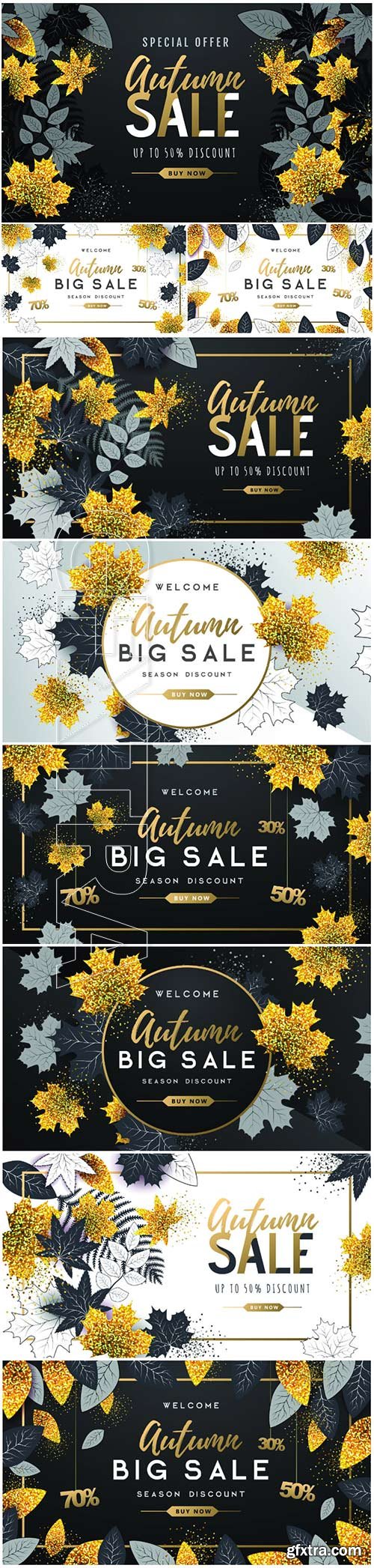 Autumn poster with golden and black autumn leaves