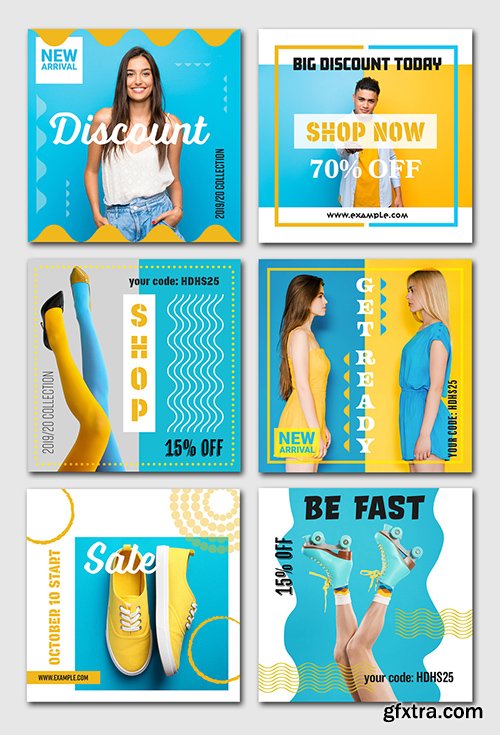 6 Social Media Banner Layouts with Blue and Yellow Accents 294440490