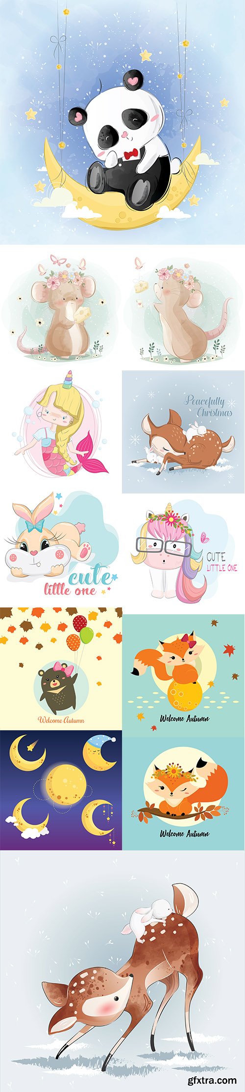 Set of Hand Draw Watercolor Adorable Animals Illustrations Vol 5