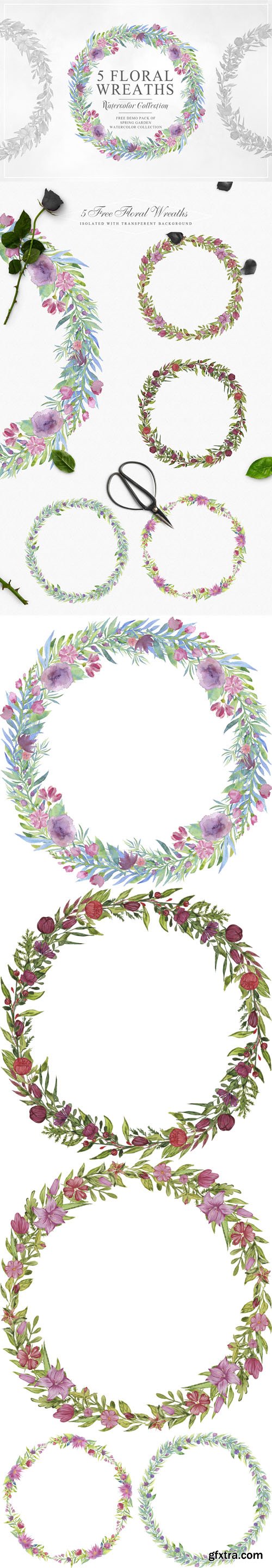 5 Floral Wreaths - Pack Of Spring Garden Watercolor Collection