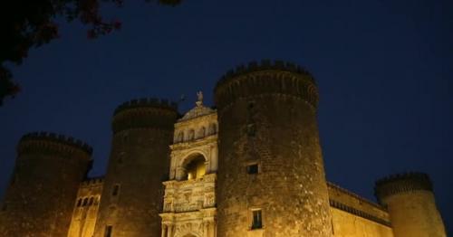Panoramic View of Medieval Castel Nuovo in The Evening, Attractions in Naples