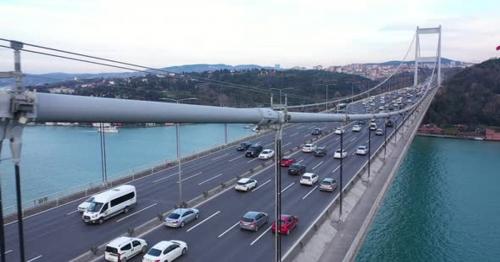 Istanbul Bosphorus Bridge And Traffic Side Aerial View