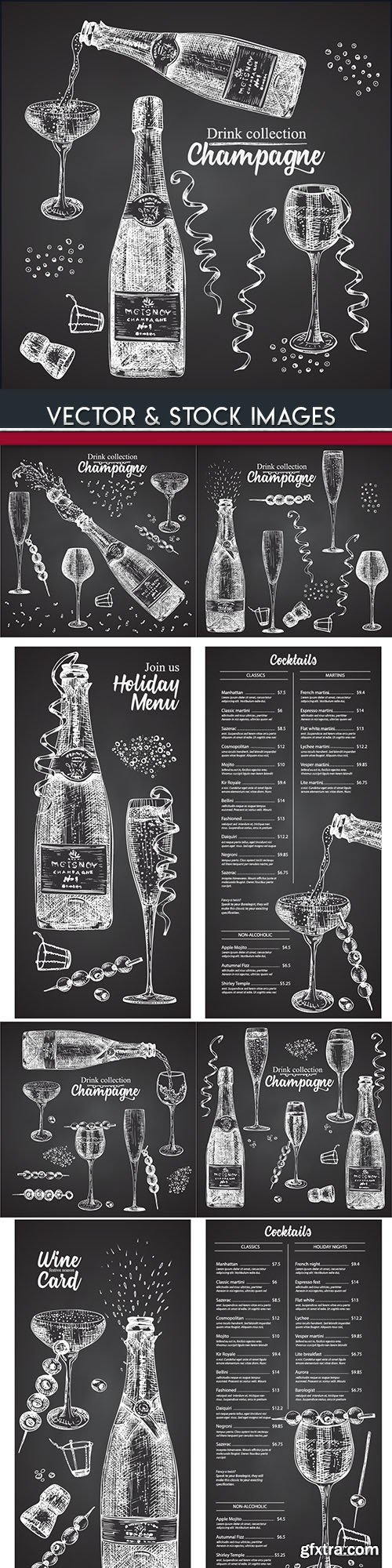Champagne collection drinks drawn illustrations