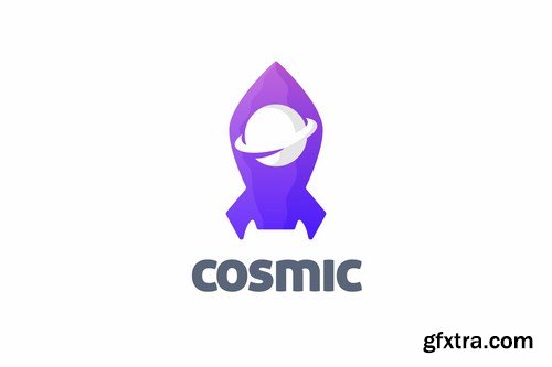 Cosmic - Negative Space Planet and Rocket Logo