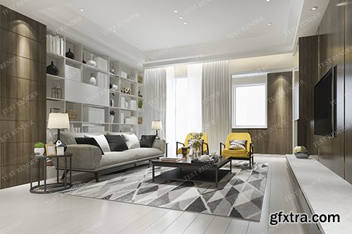 Cgtrader - modern living room with yellow armchair and bookshelf and tv 3D model