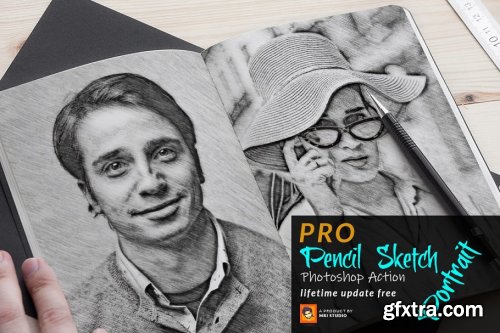 CreativeMarket - Pencil Sketch Portrait PS Action 3754742