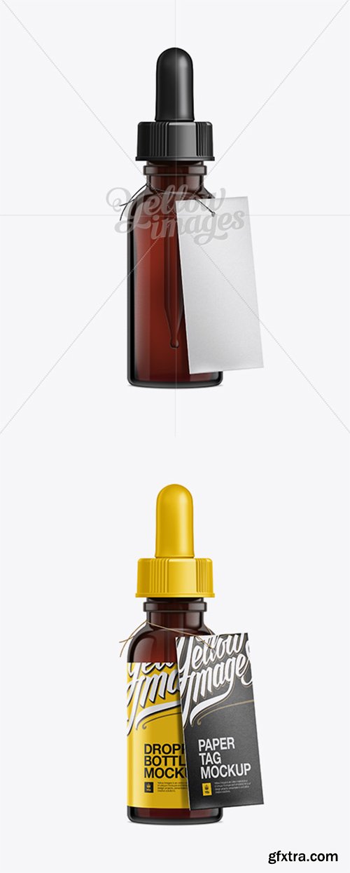 Amber Glass Dropper Bottle W/ Paper Tag Mockup 12119