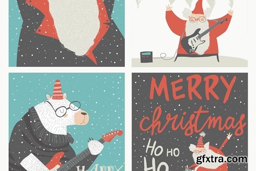 Set of Christmas card with rock n roll Santa Clau