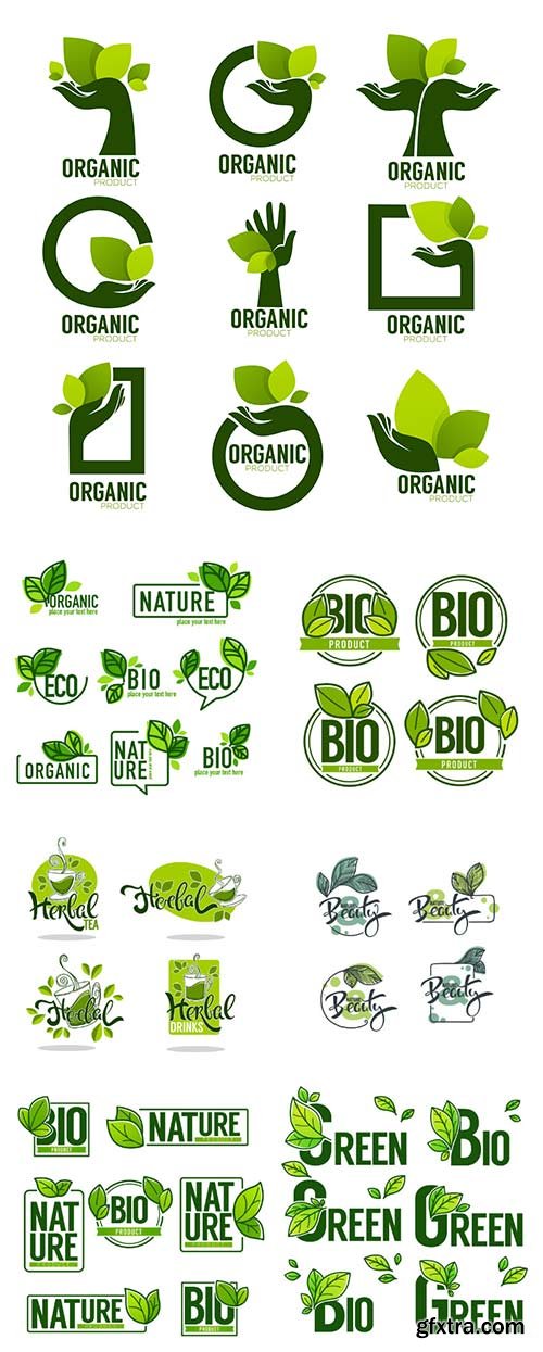 Nature and Bio Product, doodle organic leaves emblems, stickers,