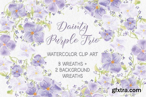 Trio of Watercolor Floral Wreaths in Purple Shades