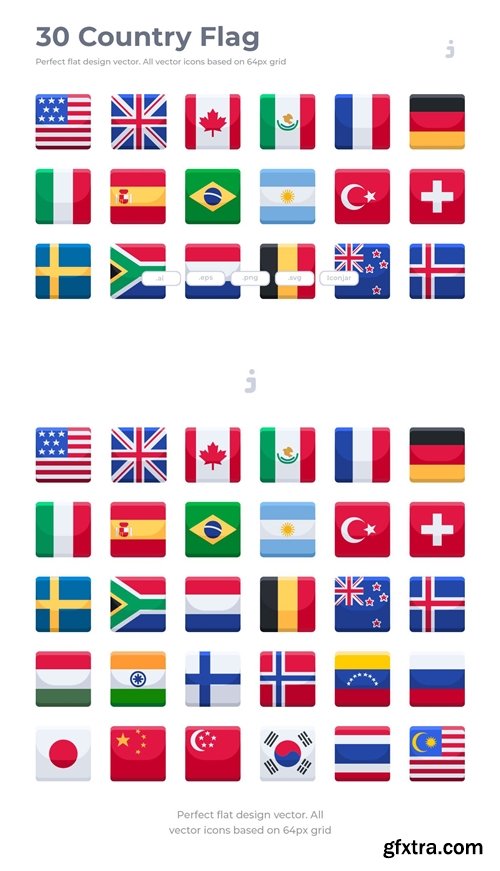 30 Country Flag Icons - Flat