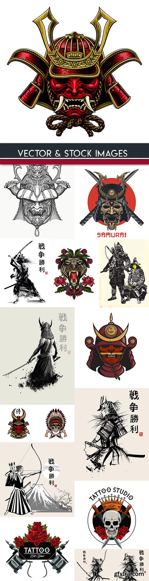 Samurai Japanese and skull vintage design tattoo