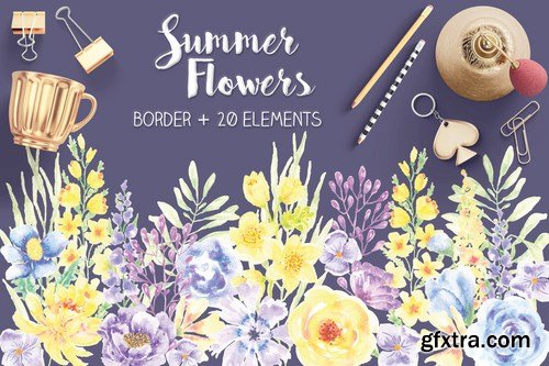 Summer Flowers Border and Elements in Watercolor