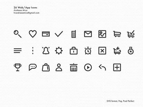 26 SVG, PNG pixel perfect icons for web/app