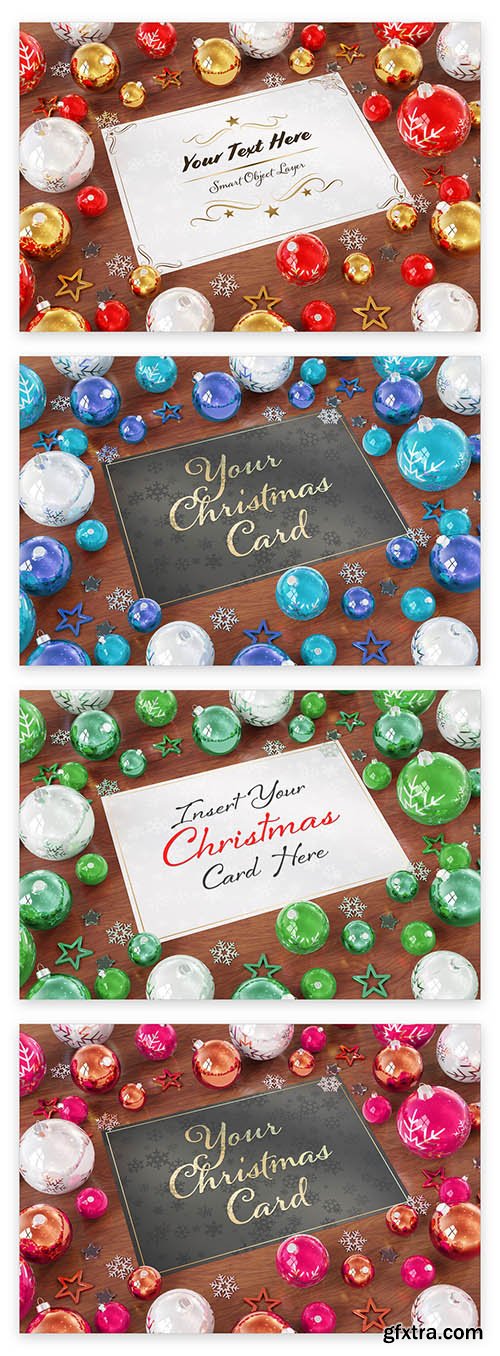 Christmas Card with Ornaments on Wooden Table Mockup 229639892