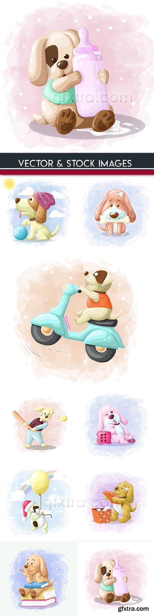 Funny little puppy with toys watercolor illustrations