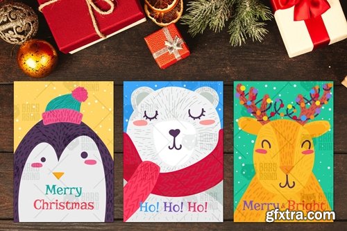 Christmas Greeting Cards With Animals Set