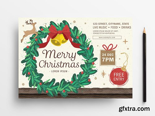 Holiday Event Flyer Layout with Wreath Illustration 305809167